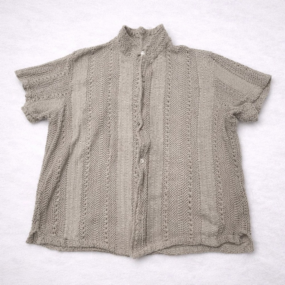 Mens Knit Crochet Shirt Medium Beige Button Up Cotton Short Sleeve Boho
